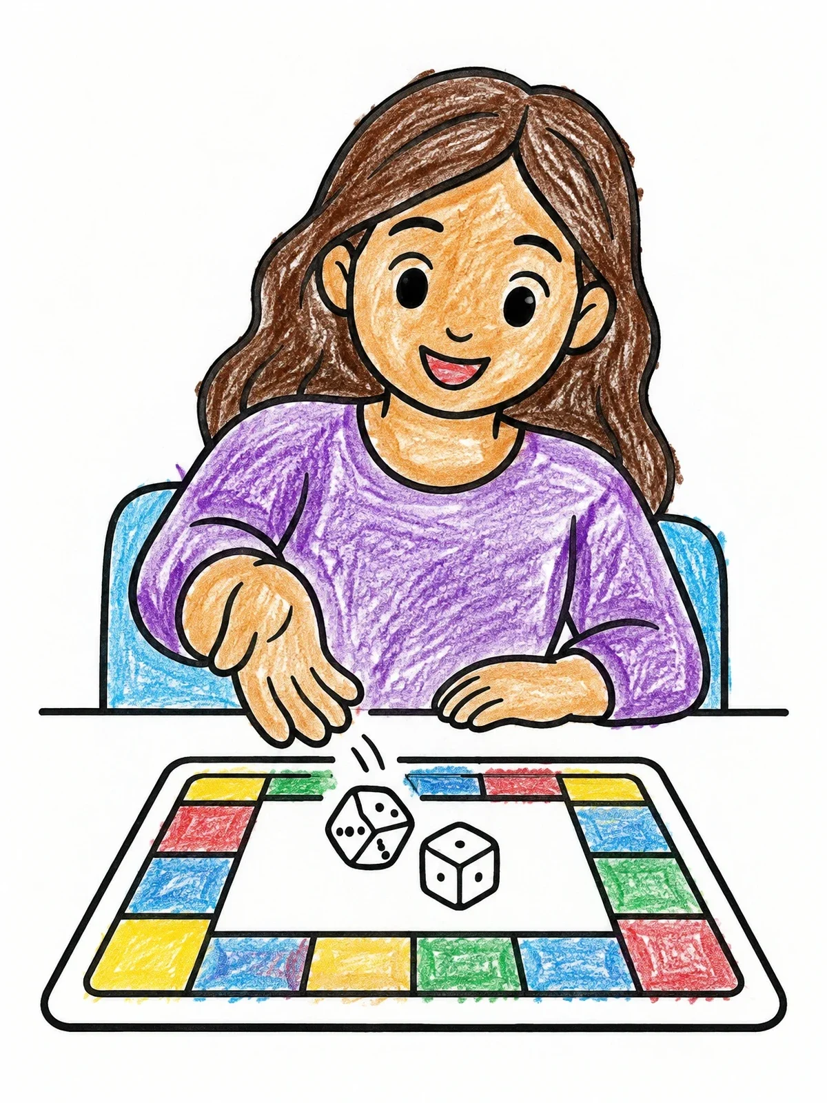 Colored example of the Girl Rolling Dice On Board coloring page