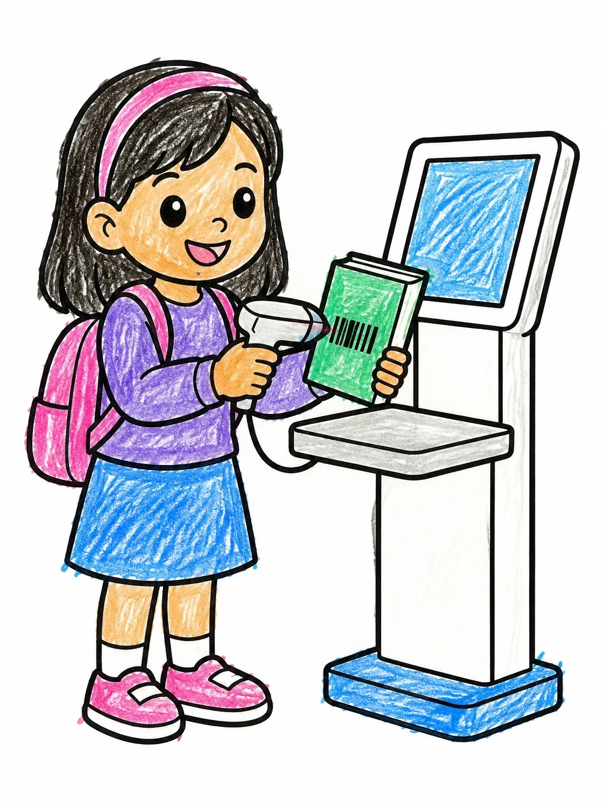 Colored example of the Girl Scanning A Library Book coloring page