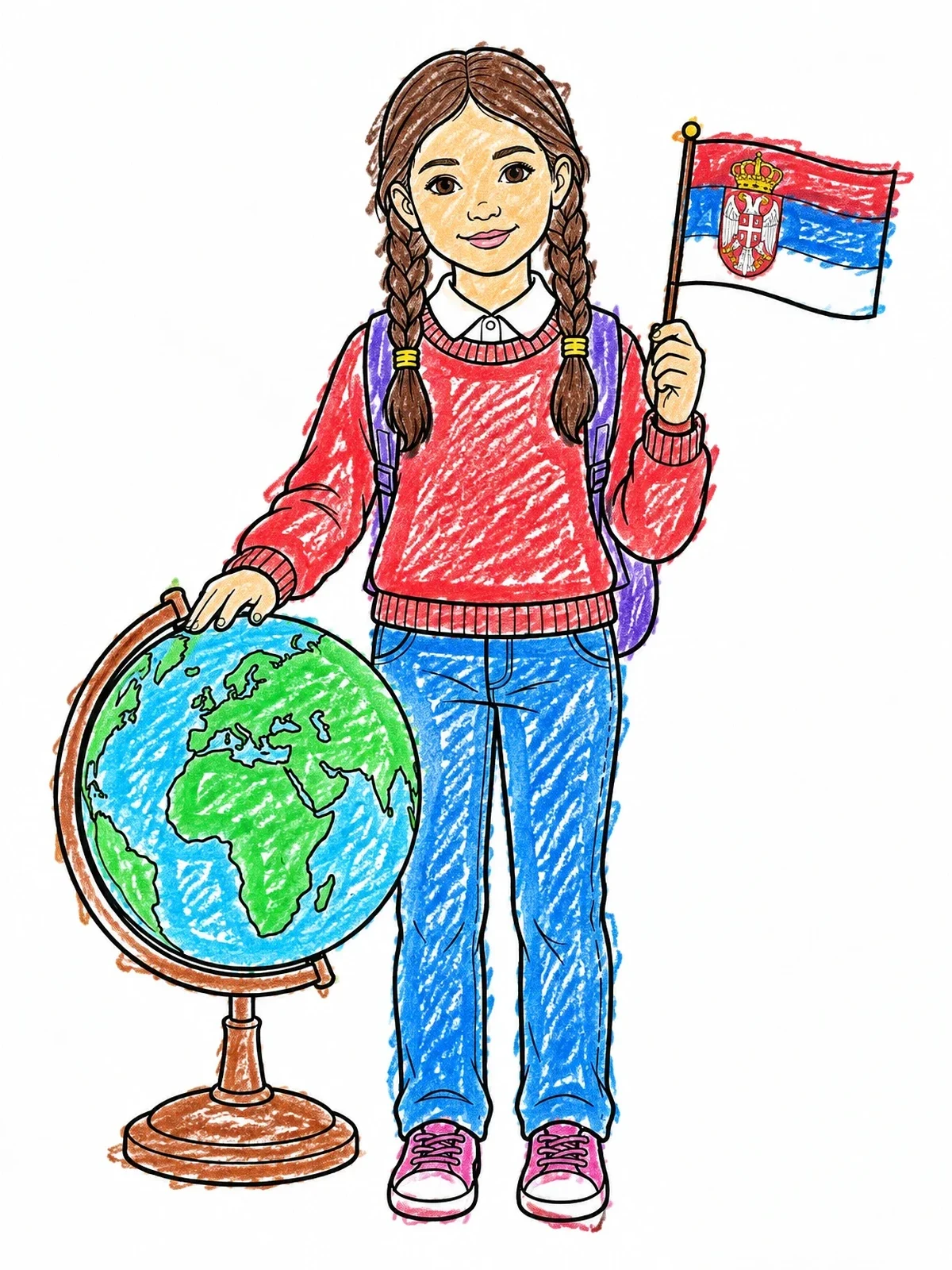 Colored example of the Girl With Serbian Flag And Globe coloring page