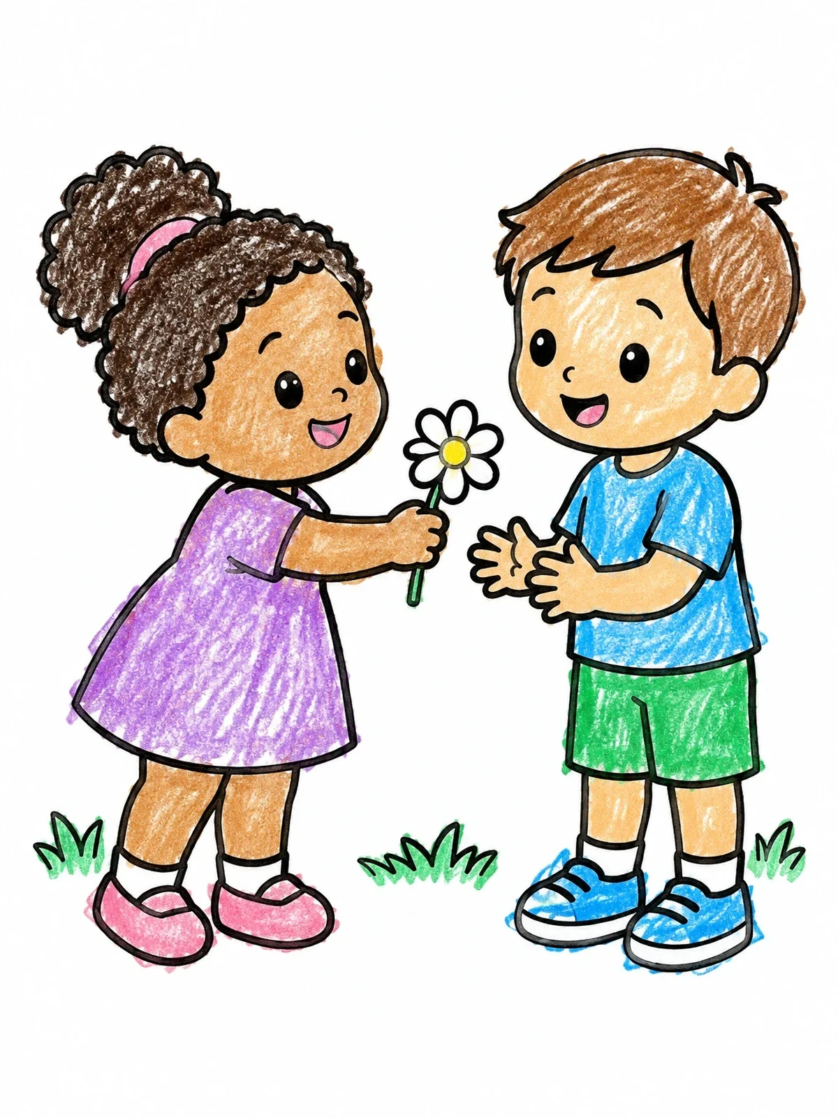 Colored example of the Toddler Sharing A Daisy With Friend coloring page