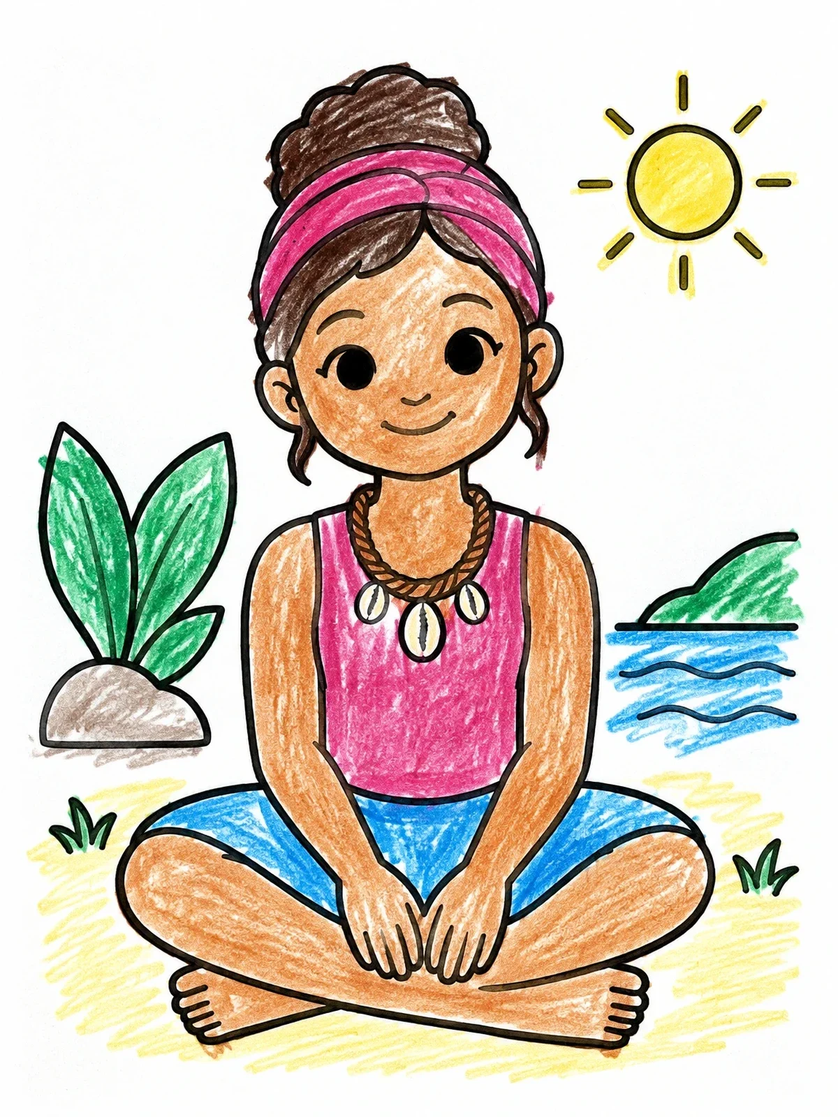 Colored example of the Girl With Seashell Necklace On Beach coloring page