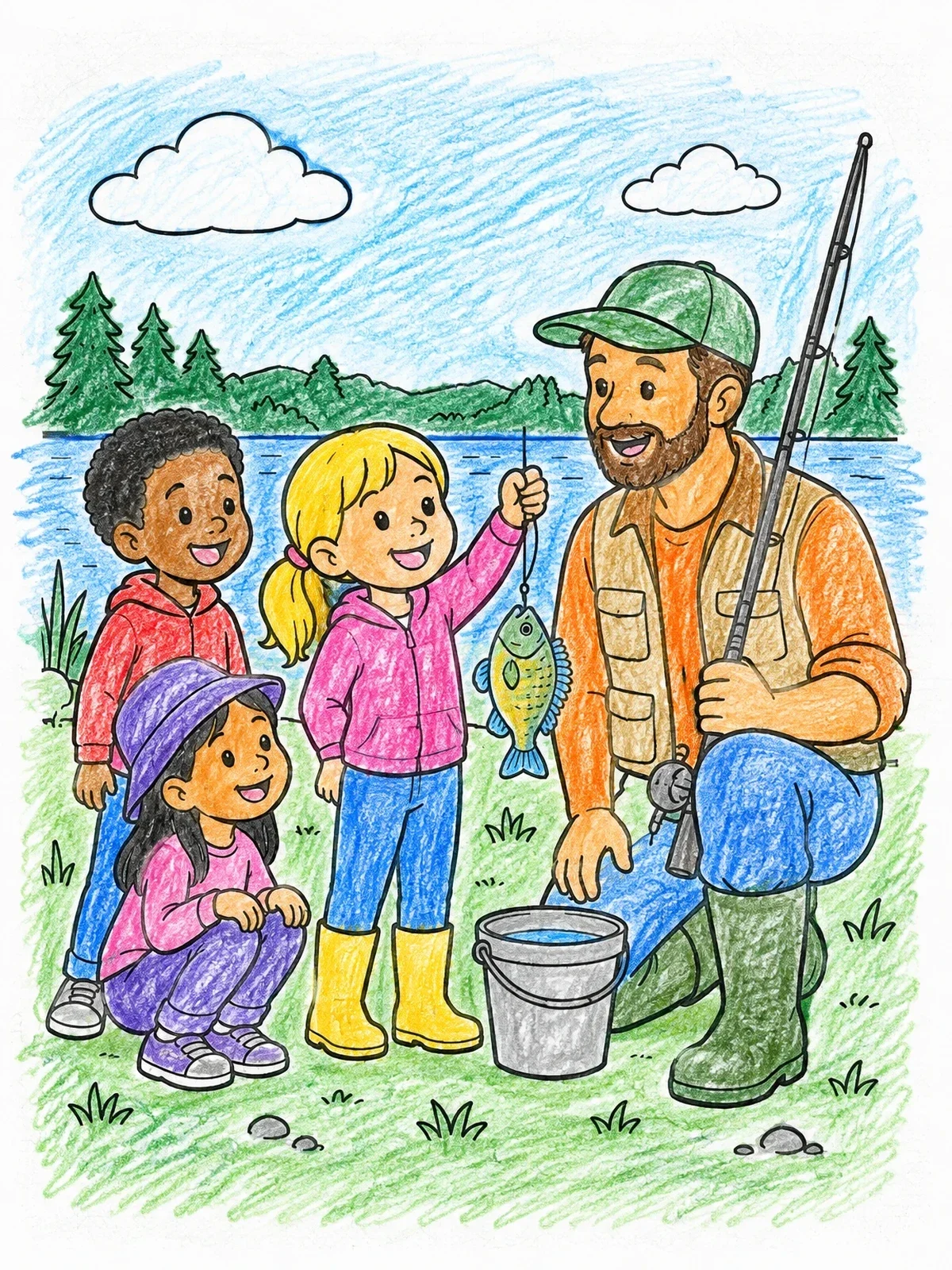 Colored example of the Proud Girl Showing Her First Catch coloring page