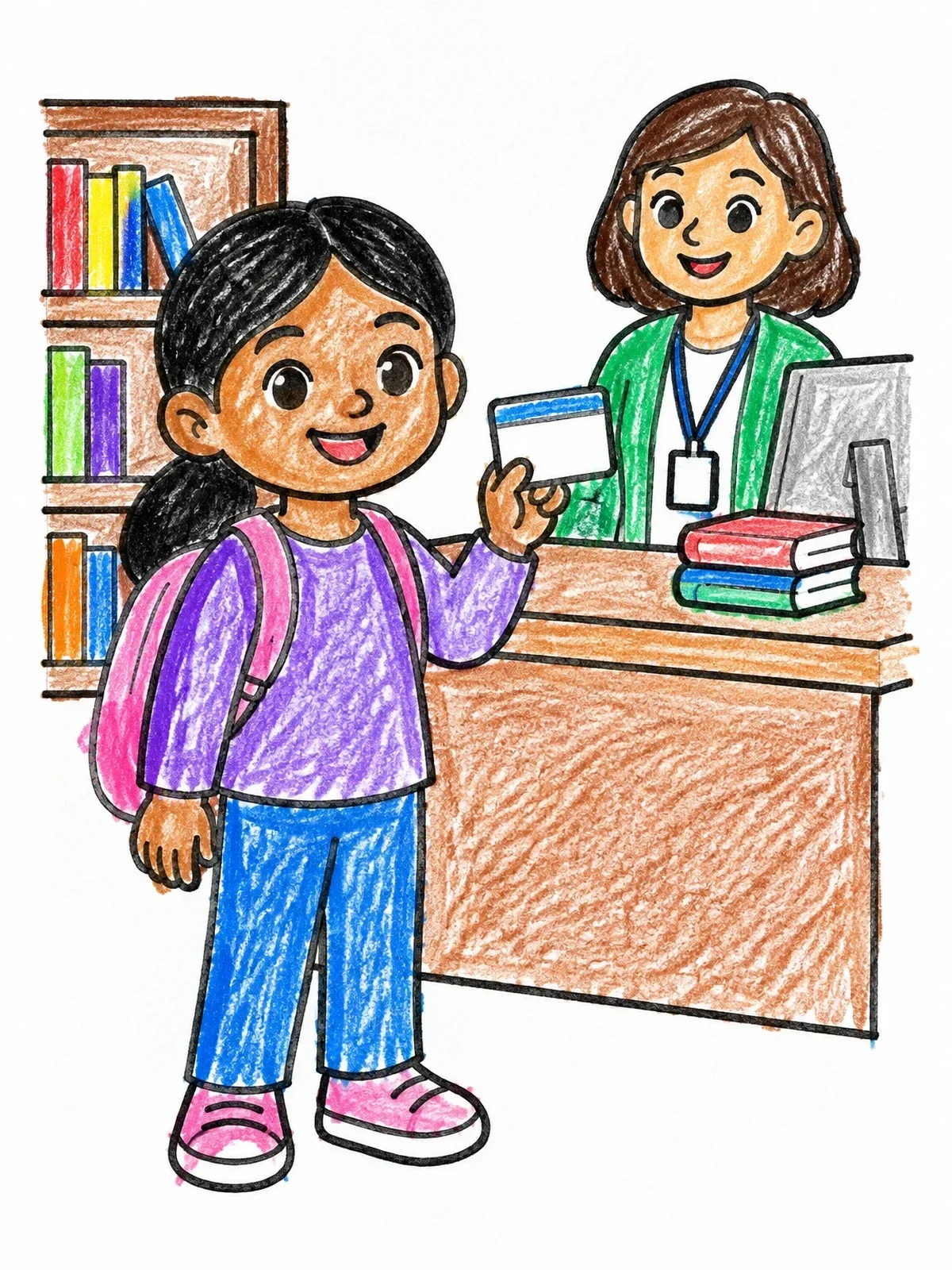 Colored example of the Girl Showing Her Library Card coloring page