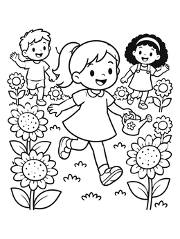 Free printable Girl Skipping In Sunflower Garden coloring page
