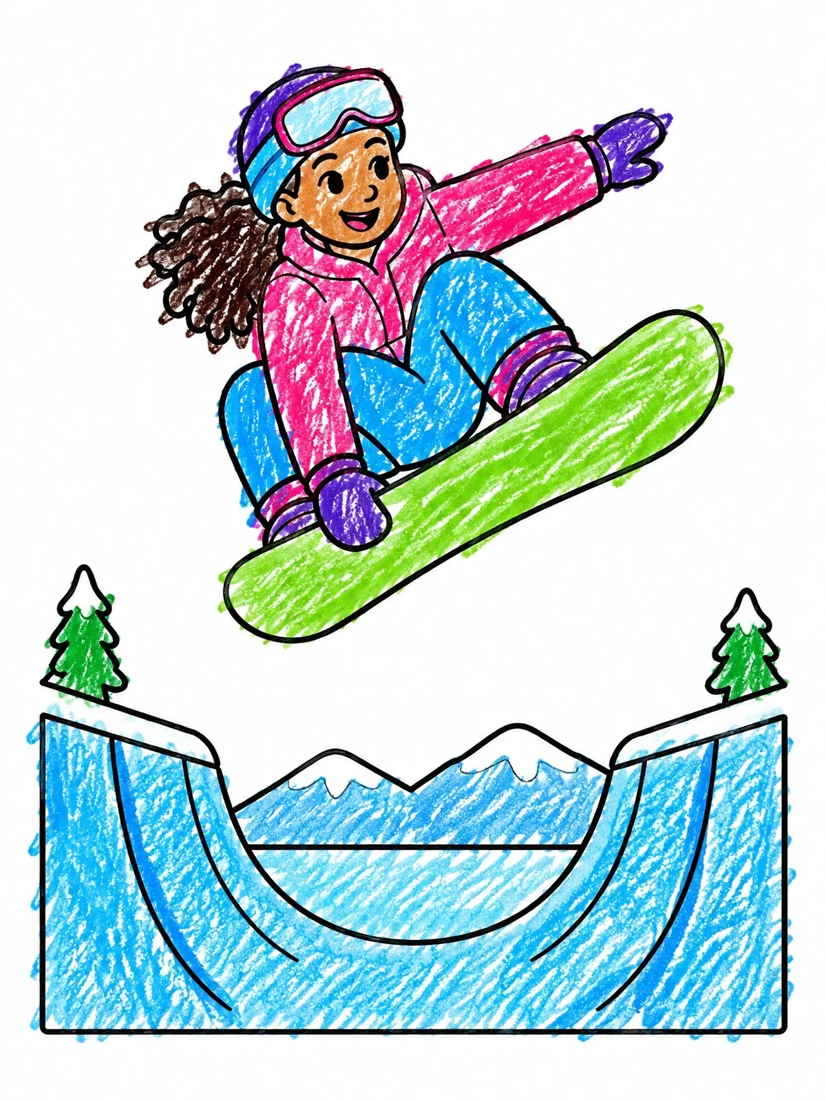 Colored example of the Girl Snowboarding Above A Halfpipe coloring page