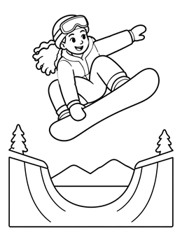 Free printable Girl Snowboarding Above A Halfpipe coloring page