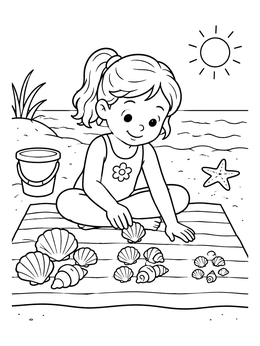 Free printable Girl Sorting Seashells On Beach coloring page