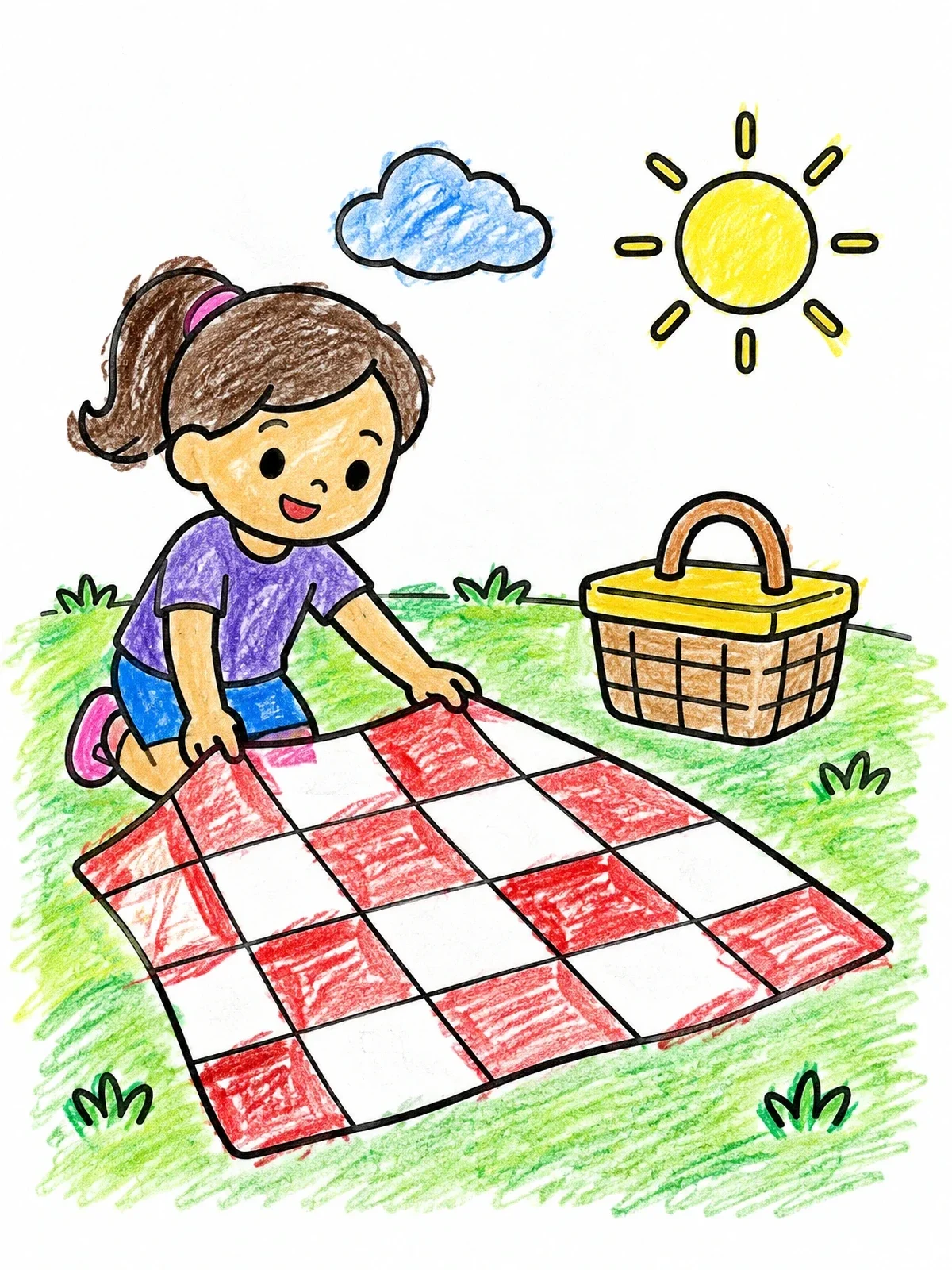 Colored example of the Girl Spreading A Picnic Blanket Outdoors coloring page
