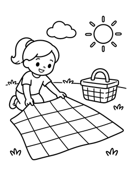 Free printable Girl Spreading A Picnic Blanket Outdoors coloring page