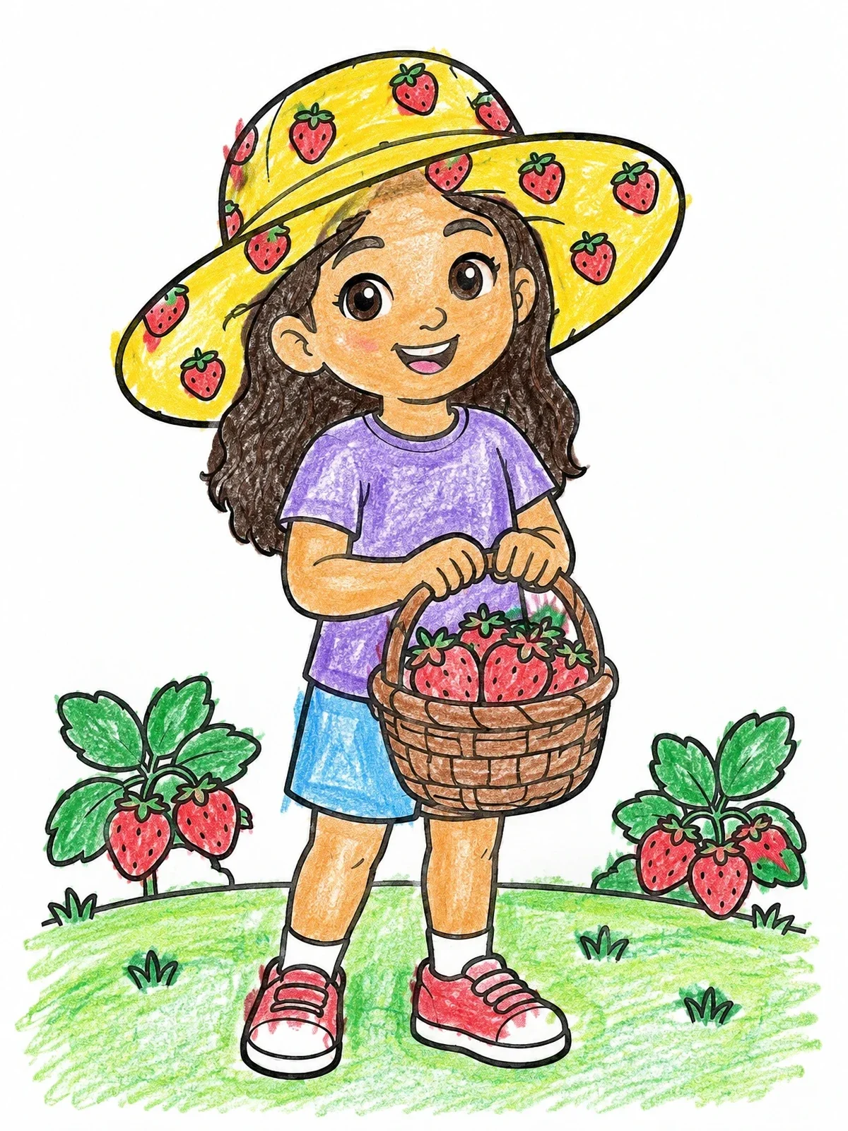 Colored example of the Girl With Strawberry Basket And Sunhat coloring page