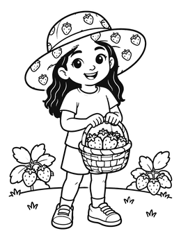 Free printable Girl With Strawberry Basket And Sunhat coloring page