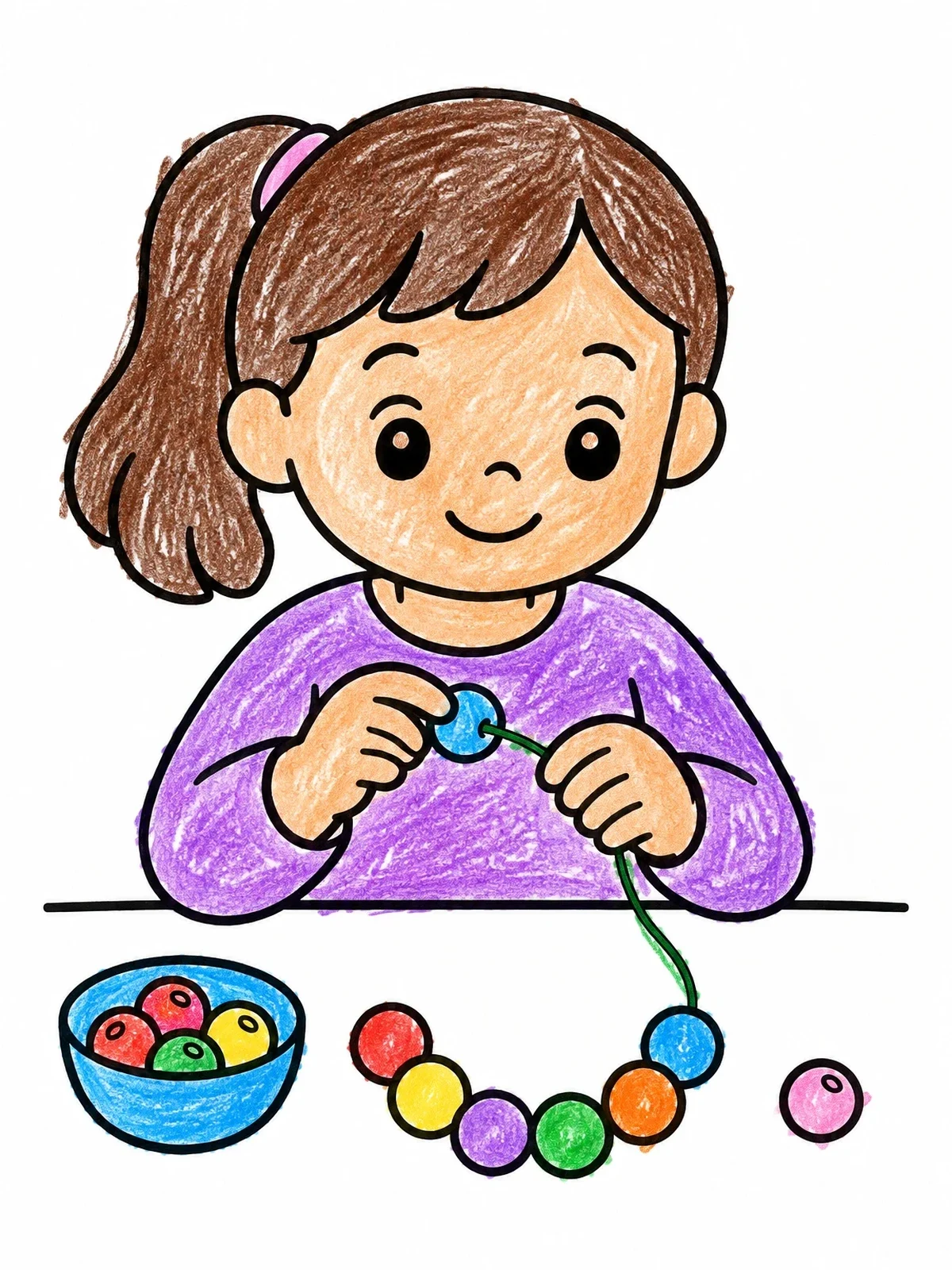Colored example of the Girl Stringing A Bead Necklace coloring page
