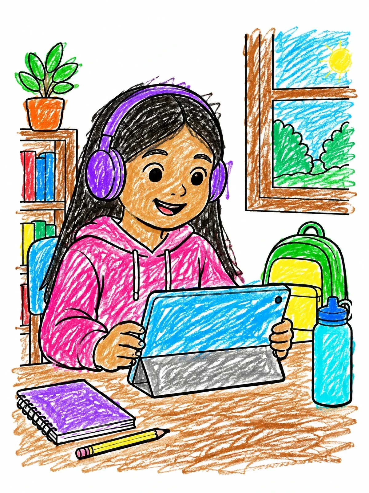 Colored example of the Girl Studying With A Tablet coloring page