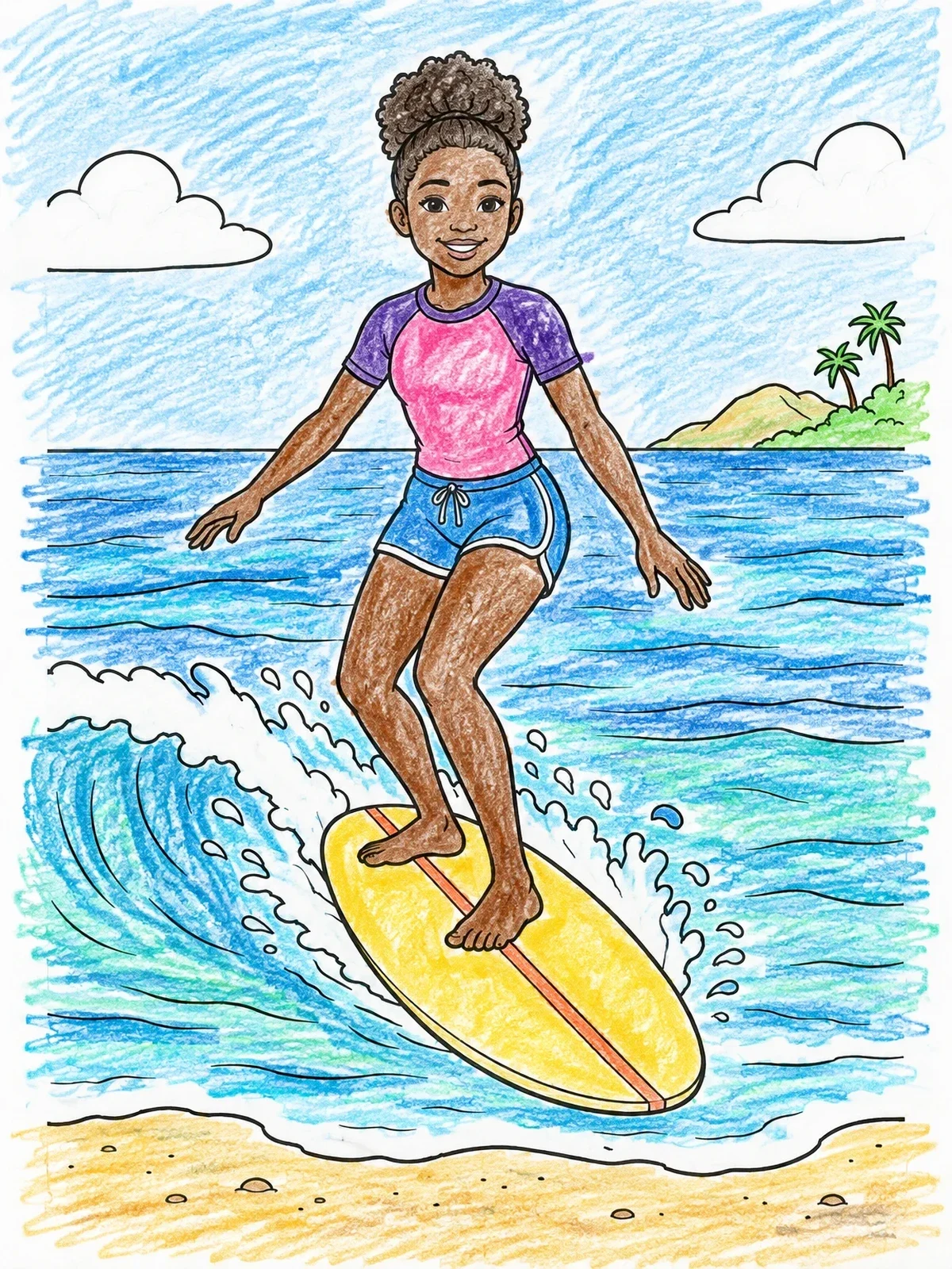 Colored example of the Girl Surfing Toward The Beach coloring page
