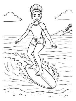 A cheerful girl riding ocean waves on this surfing coloring page.