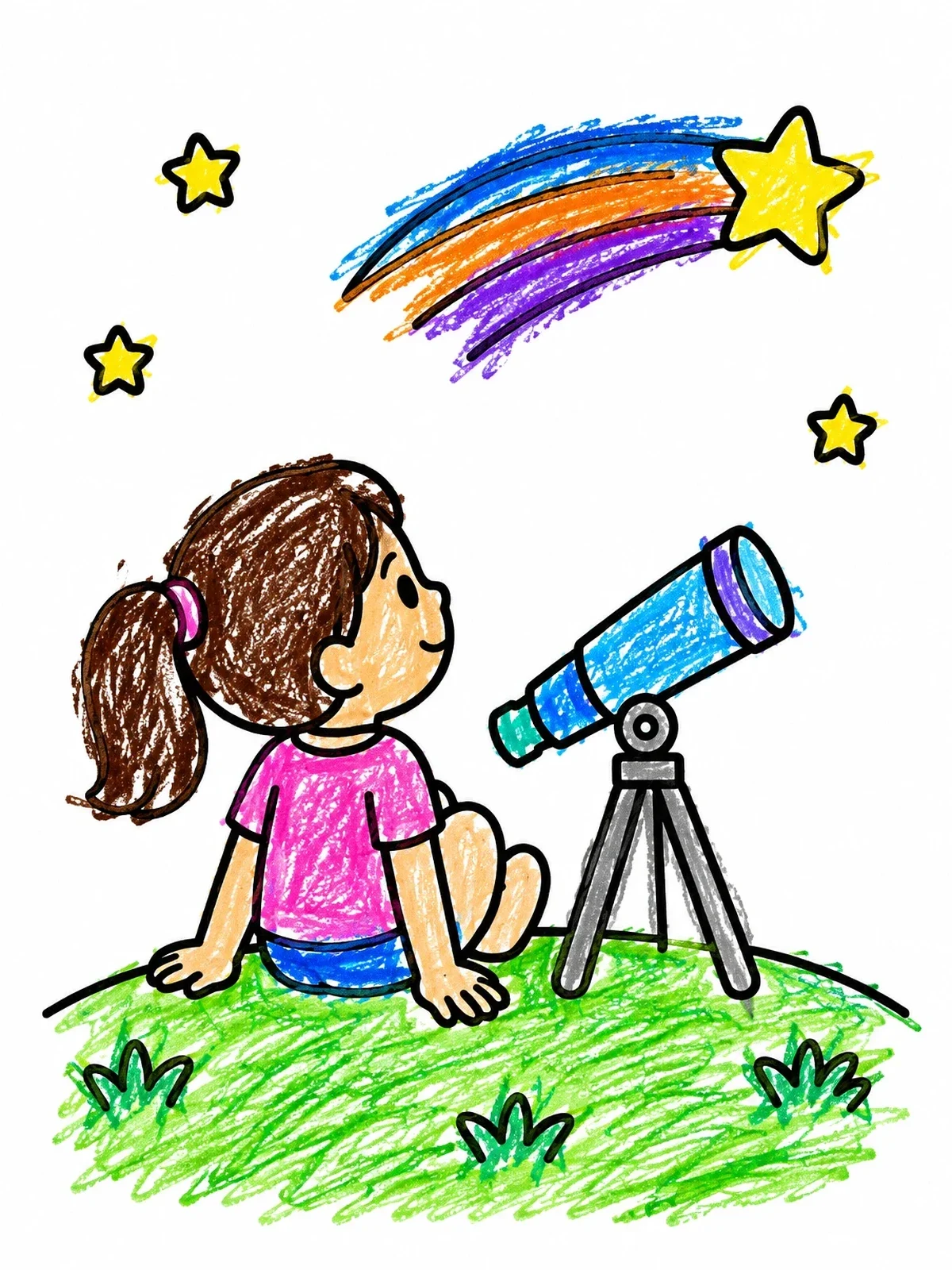 Colored example of the Girl Stargazing With Telescope coloring page