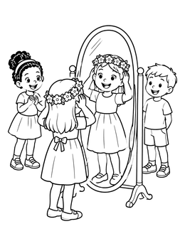 Free printable Girl Trying On A Flower Crown coloring page