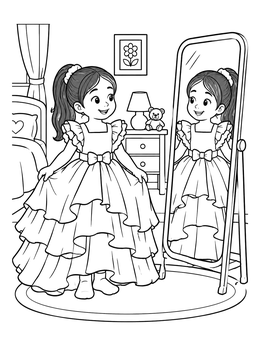 A smiling girl views her ruffled gown in this dress coloring page.