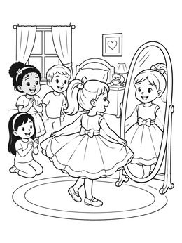 A cheerful girl in a dress coloring page looks into a bedroom mirror with her friends watching.