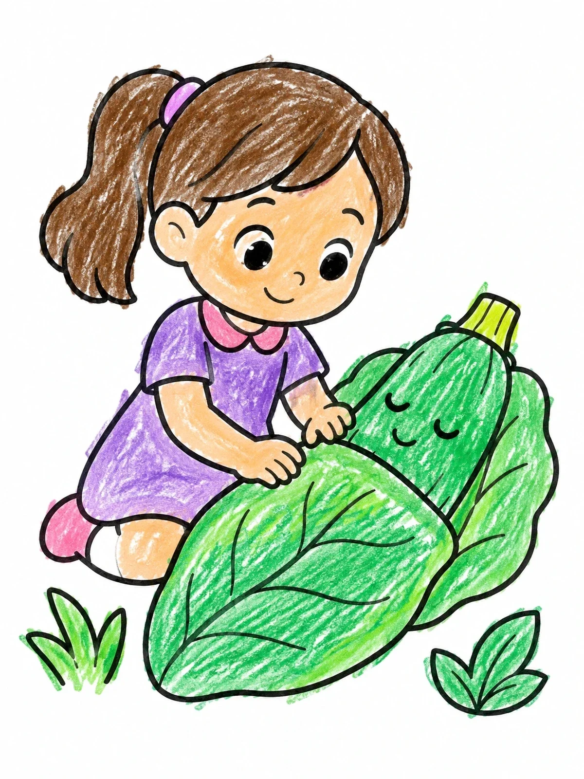 Colored example of the Little Girl Tucking In Baby Zucchini coloring page