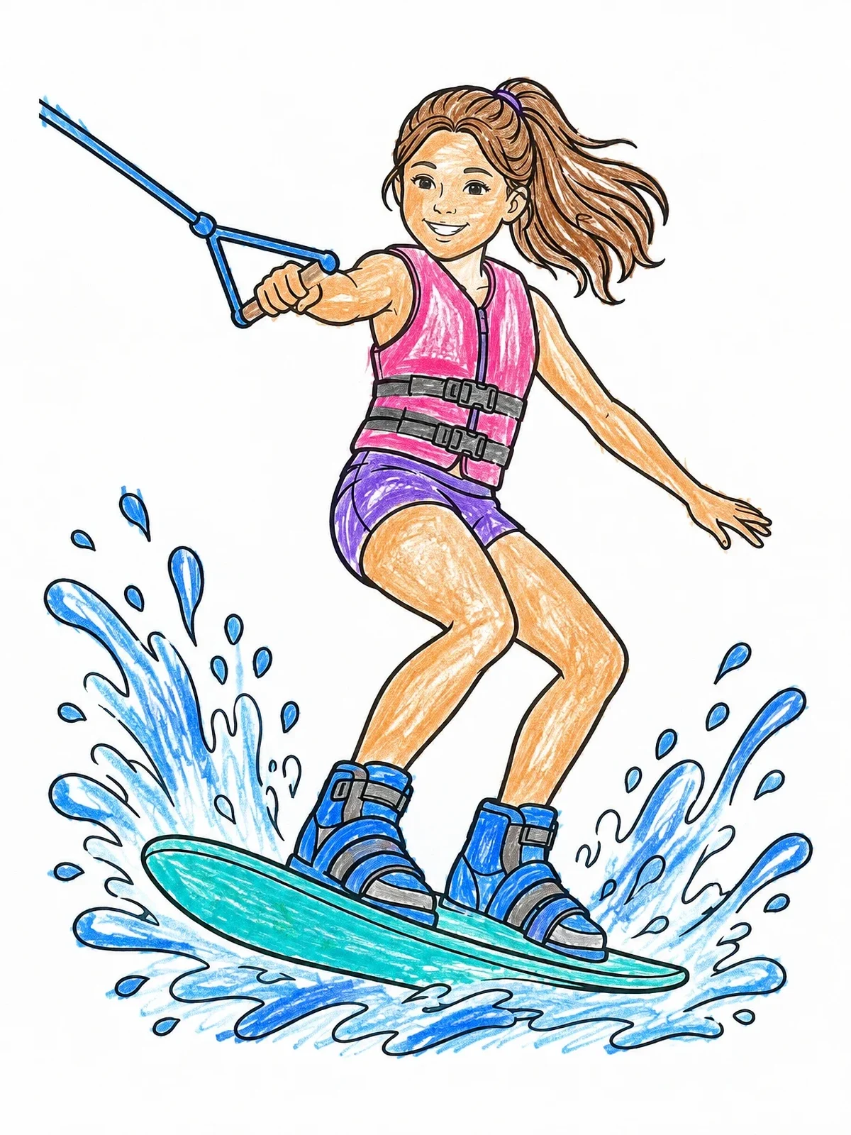 Colored example of the Girl Wakeboarding On The Waves coloring page
