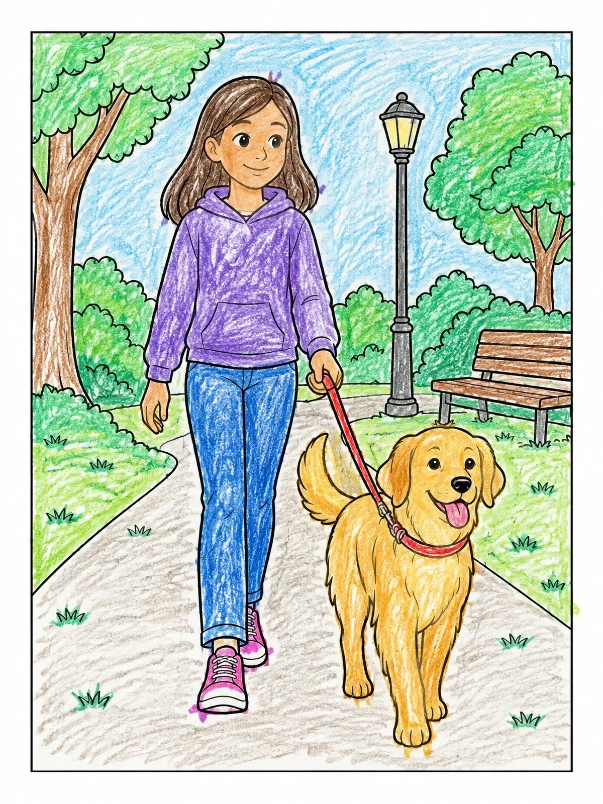 Colored example of the Girl Walking Dog In Park coloring page