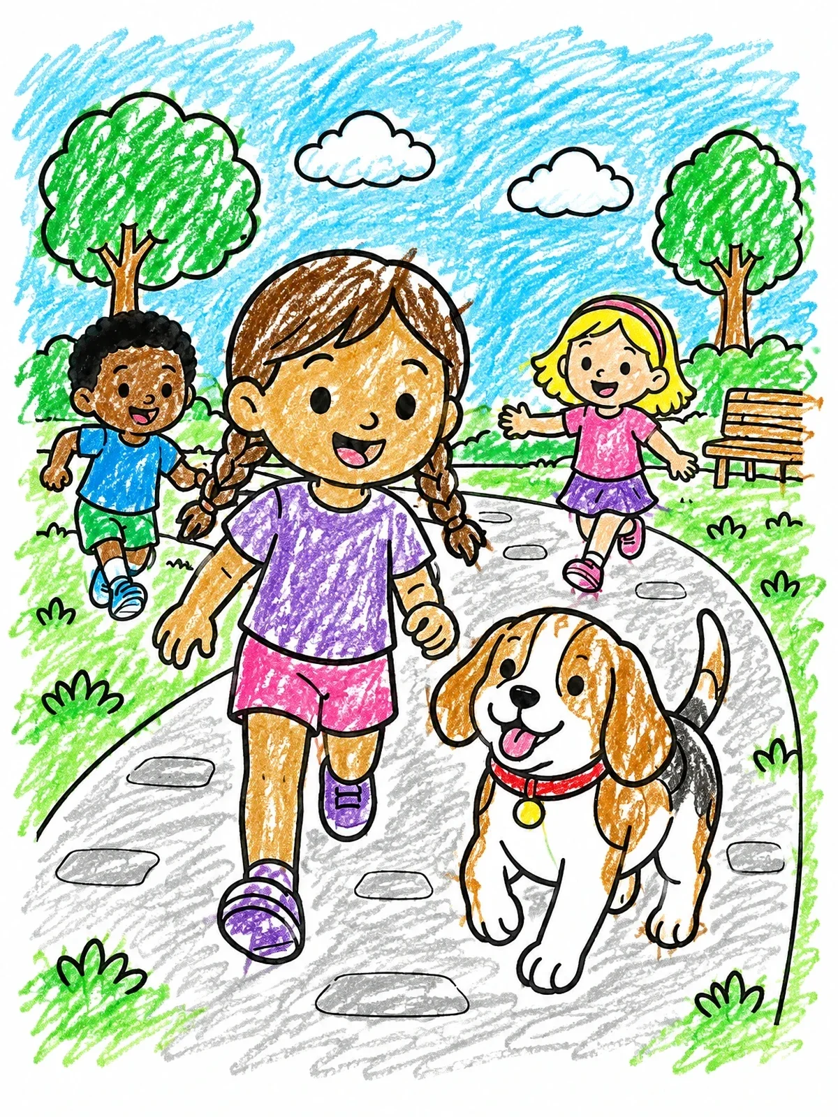 Colored example of the Girl Walking Dog In The Park coloring page