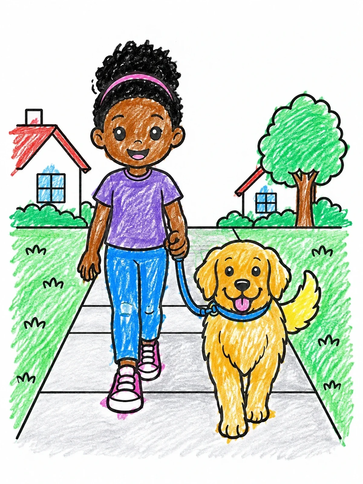 Colored example of the Girl Walking Dog Down Sidewalk coloring page