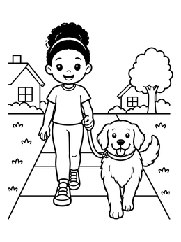 Free printable Girl Walking Dog Down Sidewalk coloring page