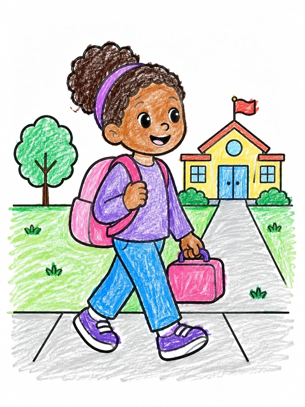 Colored example of the Happy Girl Walking To School coloring page