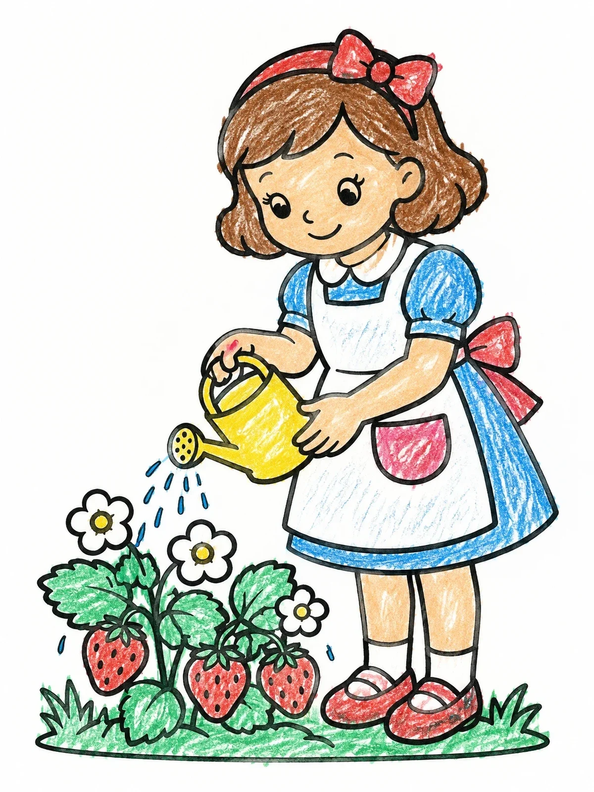Colored example of the Girl Watering Fresh Strawberry Plant coloring page