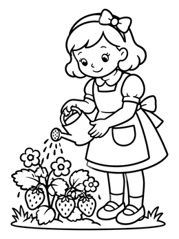 Free printable Girl Watering Fresh Strawberry Plant coloring page