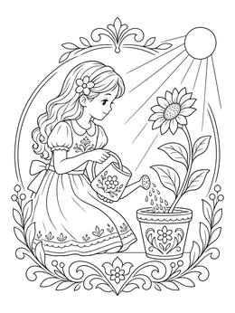 A girl waters a potted sunflower in this sunbeam coloring page framed by floral swirls.