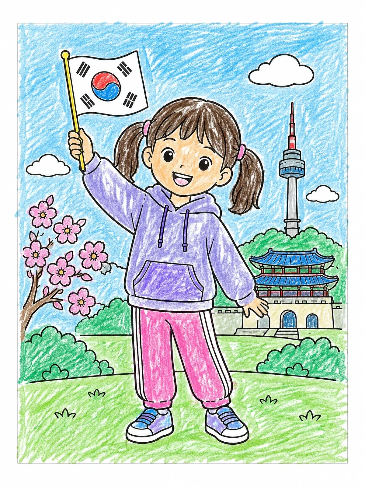 Colored example of the Girl Waving South Korean Flag coloring page