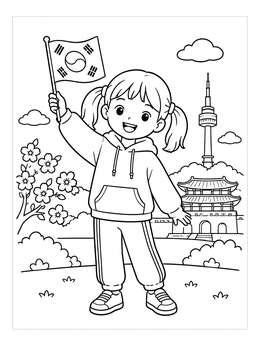 Free printable Girl Waving South Korean Flag coloring page