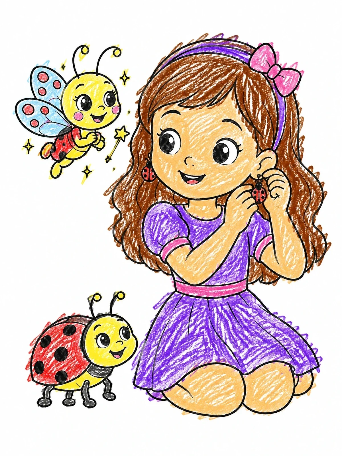 Colored example of the Girl With Magical Ladybug Friends coloring page