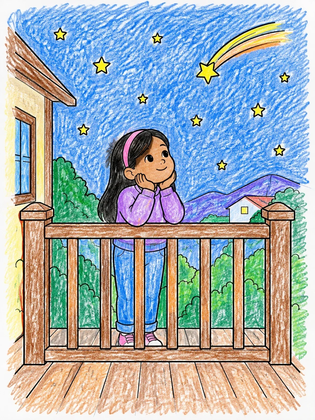 Colored example of the Girl Wishing On A Shooting Star coloring page
