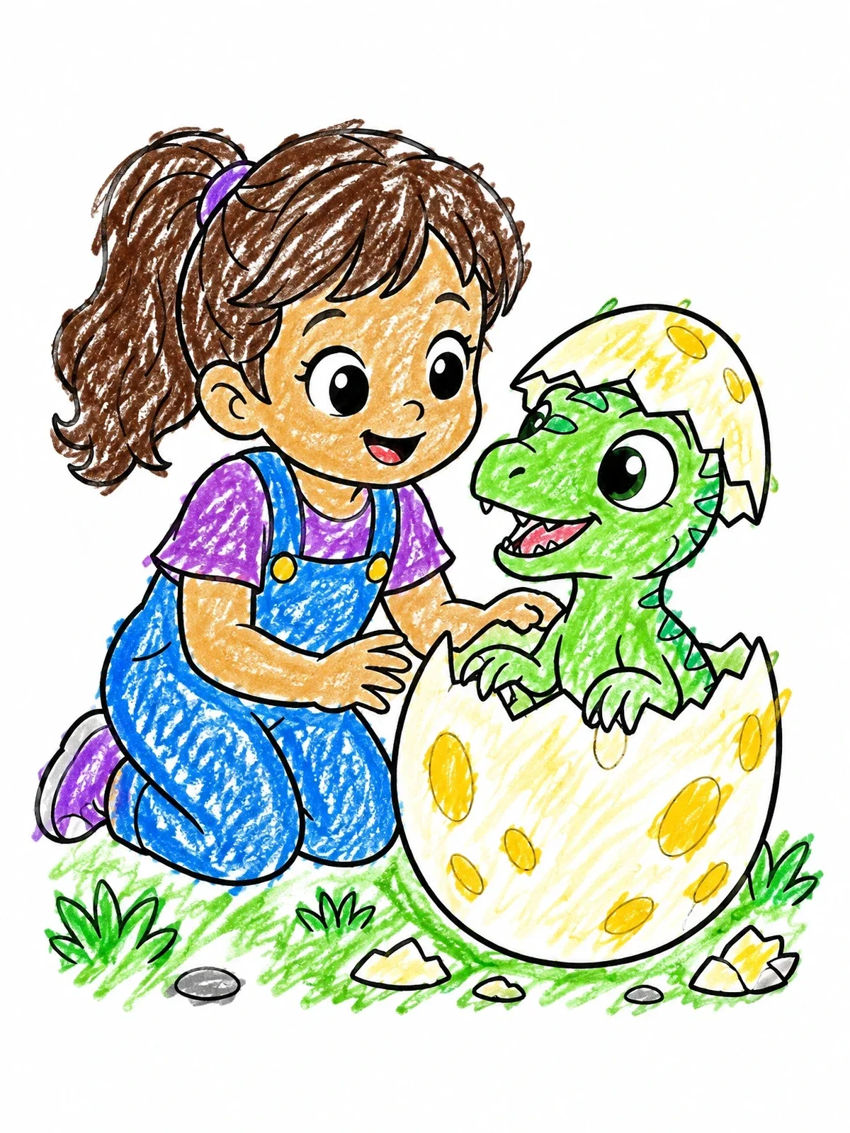Colored example of the Girl Greeting A Hatching Dinosaur coloring page