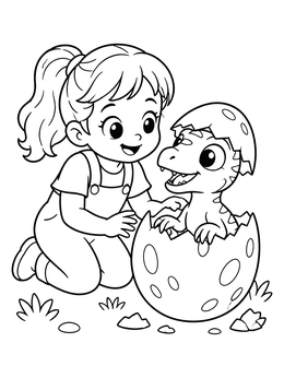 A happy young girl greets a newly hatched baby raptor in this dinosaur egg coloring page.