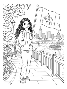 Free printable Girl With Flag On Chicago Riverwalk coloring page