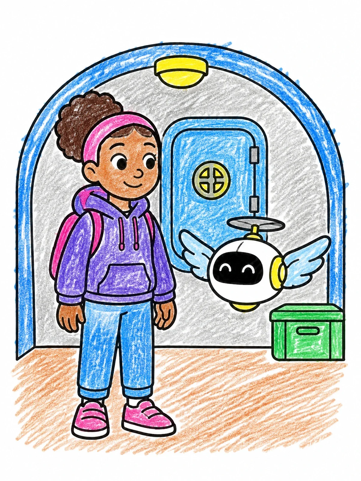 Colored example of the Girl With Flying Drone Companion coloring page