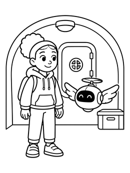 Free printable Girl With Flying Drone Companion coloring page