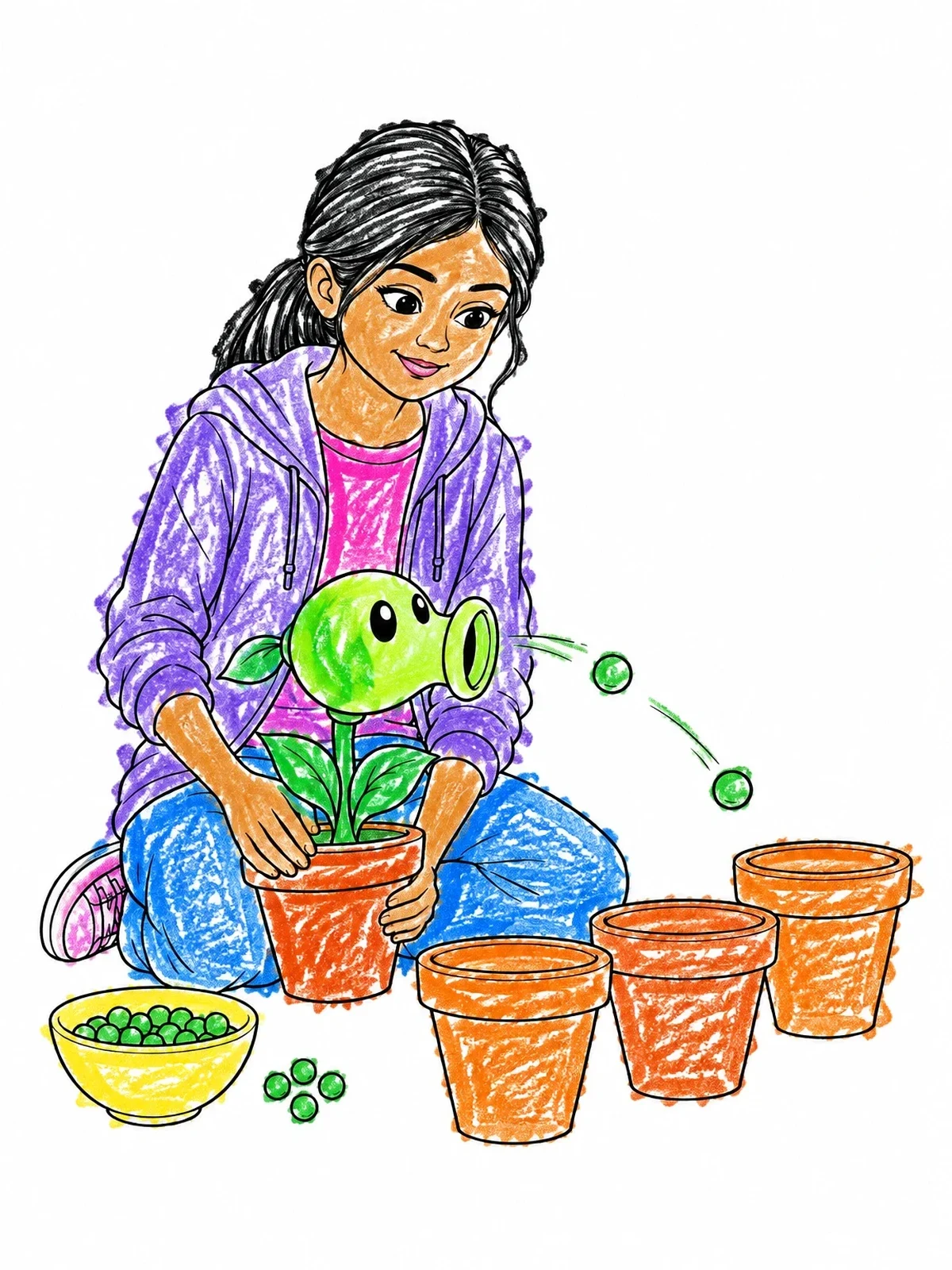 Colored example of the Girl Playing With Peashooter Plant coloring page