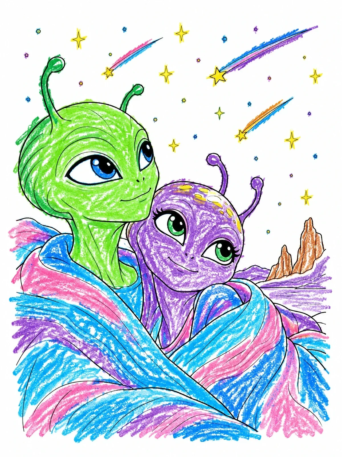 Colored example of the Alien Couple Stargazing In Blanket coloring page