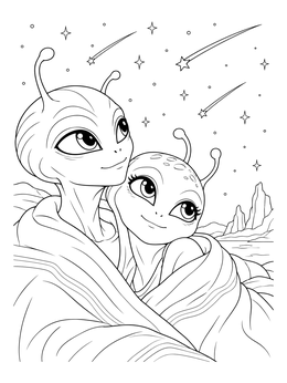 An alien couple bundled under a blanket in this girlfriend coloring page watching shooting stars.