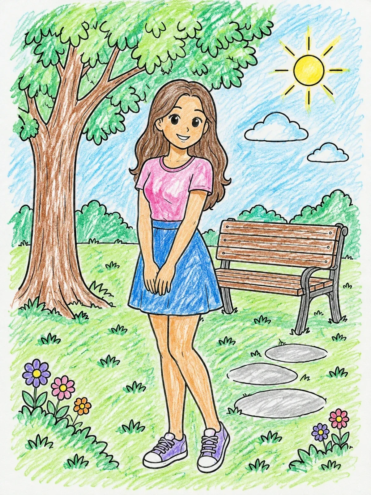 Colored example of the Cheerful Girl In The Park coloring page