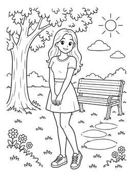 Free printable Cheerful Girl In The Park coloring page