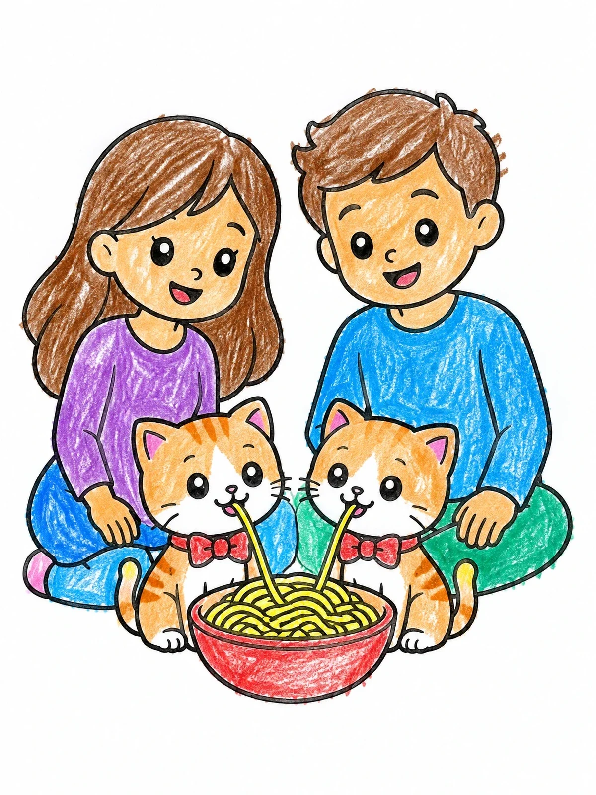 Colored example of the Cute Couple And Kittens Sharing Spaghetti coloring page