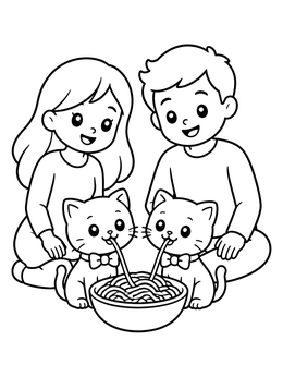 Free printable Cute Couple And Kittens Sharing Spaghetti coloring page