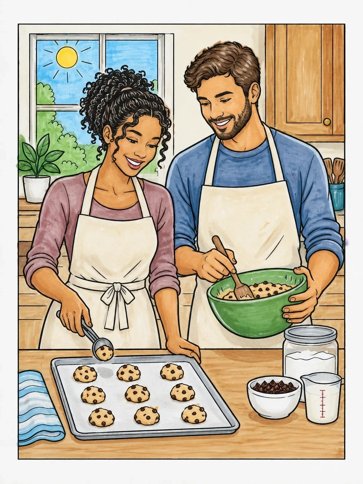 Colored example of the Couple Baking Cookies Together In Kitchen coloring page